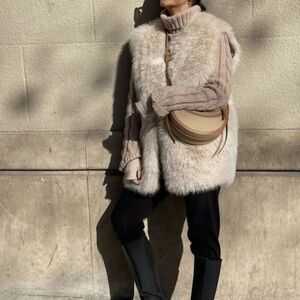 Zara Cream Faux Fur Vest with Beige Knit Details